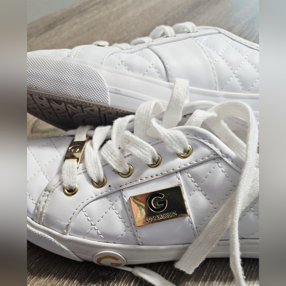 Womens G by Guess white/gold quilted low top sneakers size 6